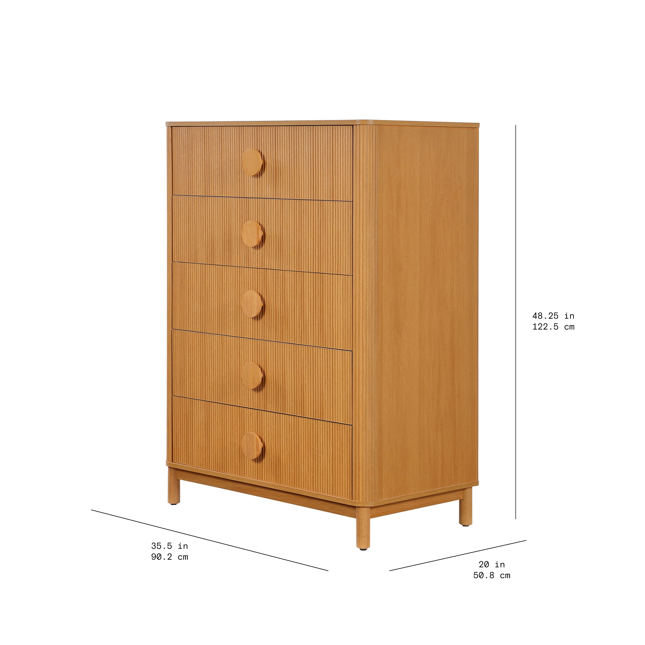 Beautiful Fluted 5 Drawer Dresser, 48" Tall, Warm Honey Finish