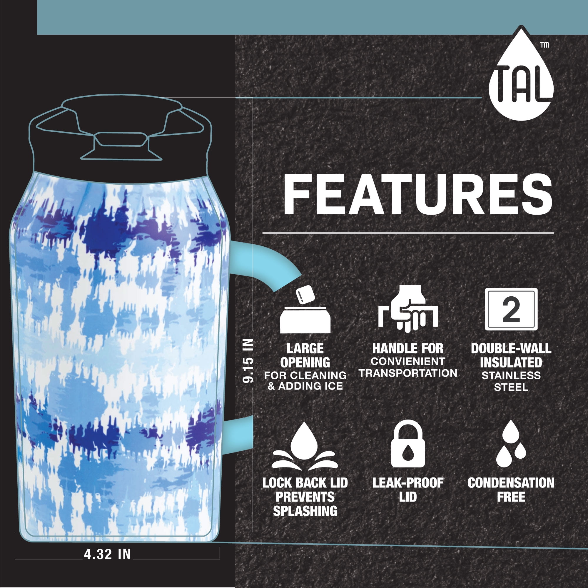 TAL Stainless Steel Basin Water Bottle 40 fl oz, Blue Tiedye