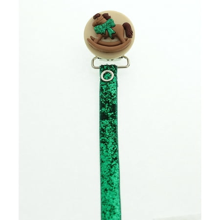 Green Glitter & Brown Rocking Horse Pacifier Clip