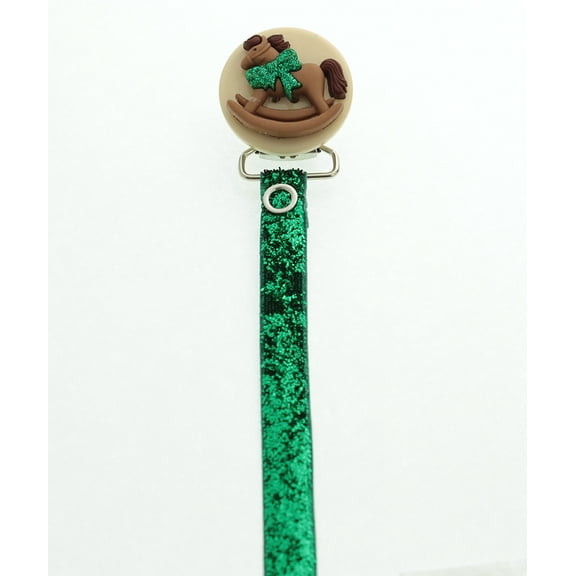 Green Glitter & Brown Rocking Horse Pacifier Clip