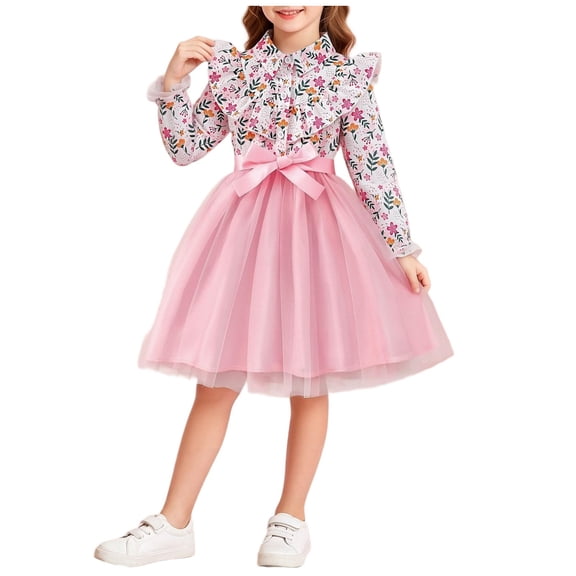 Fesfesfes Girls Floral Print Ruffle Collar Shirt Dress with Pink Tulle Dress and Bow Waist Long Sleeve Princess Party Outfit for Birthday Ages 3-8 Years