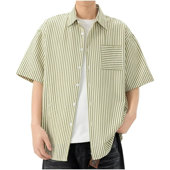 ShomPort Short Sleeve Lapel Top Stripe Pocket T-shirt for Men Summer Casual Daily Shirts