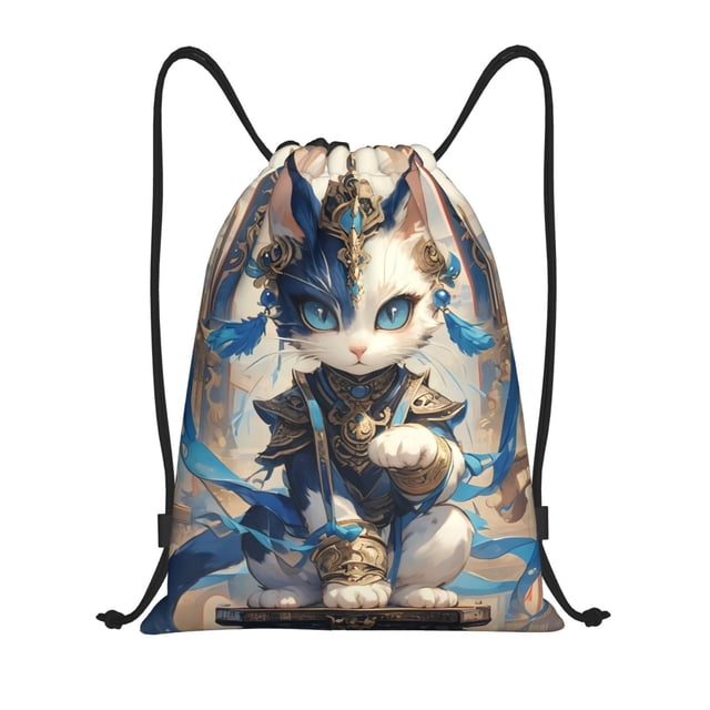 Xecao Exotic Blue Cat Pattern Sports Drawstring Backpack - String Swim Gym Bag with Wet Proof Pocket for Women&Men-Medium