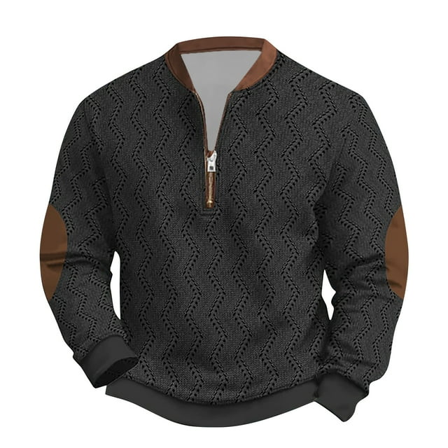 Tricot pour Hommes à Fermeture Éclair Manches Longues Imprimé Sans Col Chandail en Molleton Décontracté