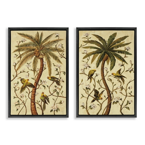Stupell Industries Parrots & Curving Palm Trees Landscape & Nature Painting Black Floater Framed Canvas Art Print Wall Art, 17 x 25, Set of 2