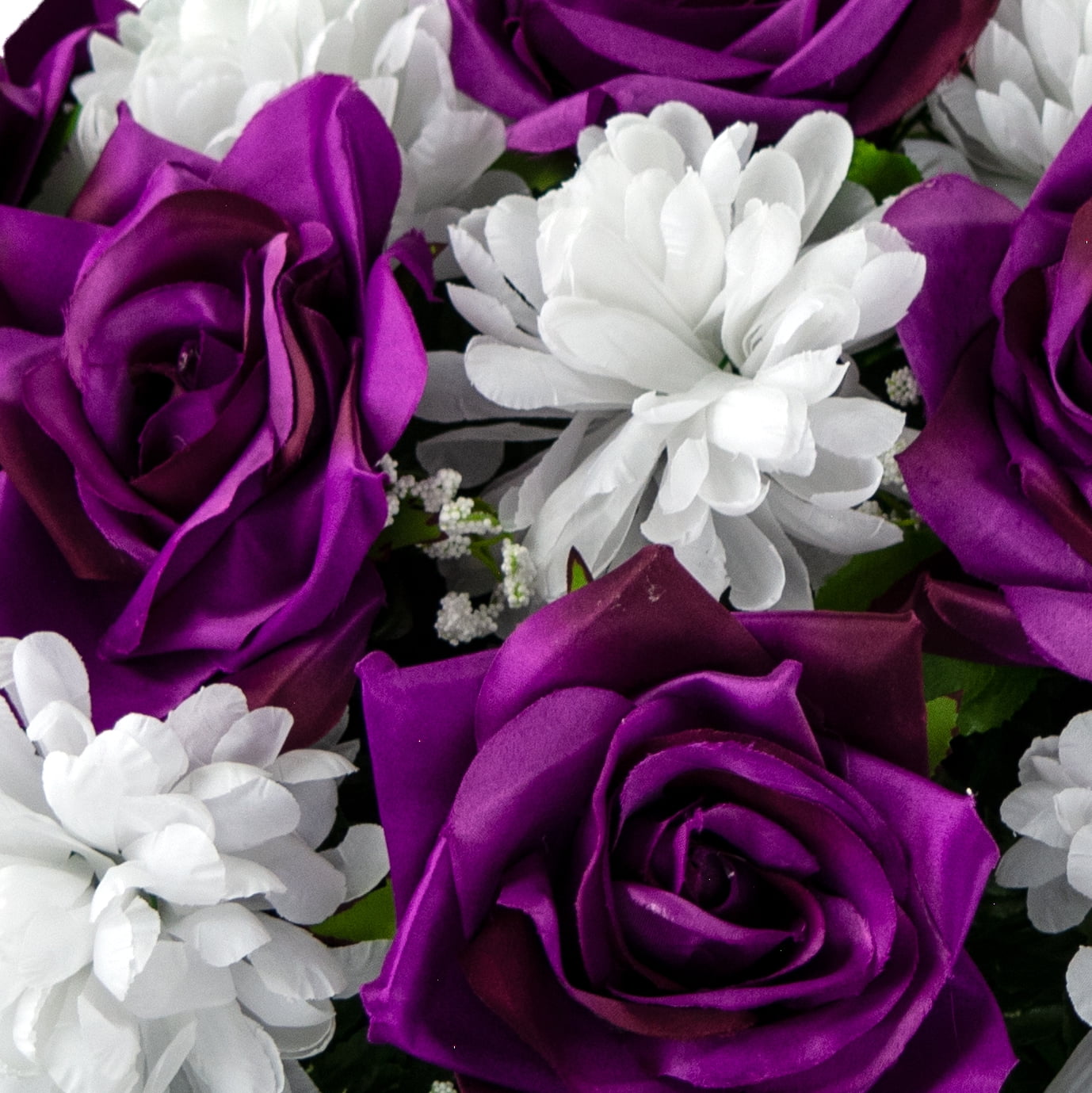 Sympathy Silks Artificial Cemetery Flowers Purple Open Rose White Mum Saddle for Outdoor Headstone