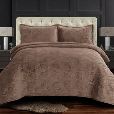Capri Medallion Velvet Oversized Solid Quilt Set Taupe King 3 Piece