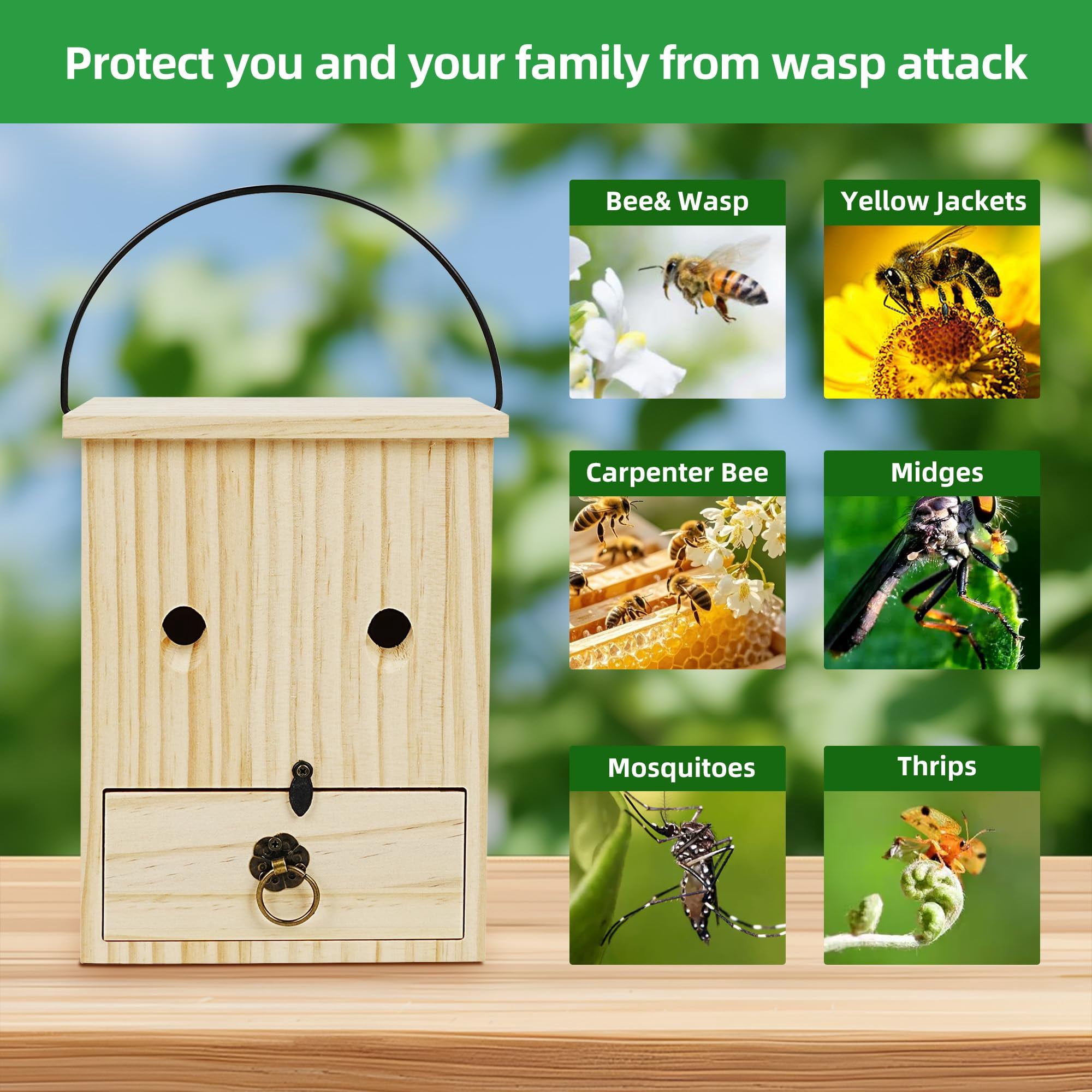 Carpenter Bee Traps for Outside 2PACK– Durable, Weather-Resistant, Eco-Friendly Wooden Wasp Trap for Outdoor Use