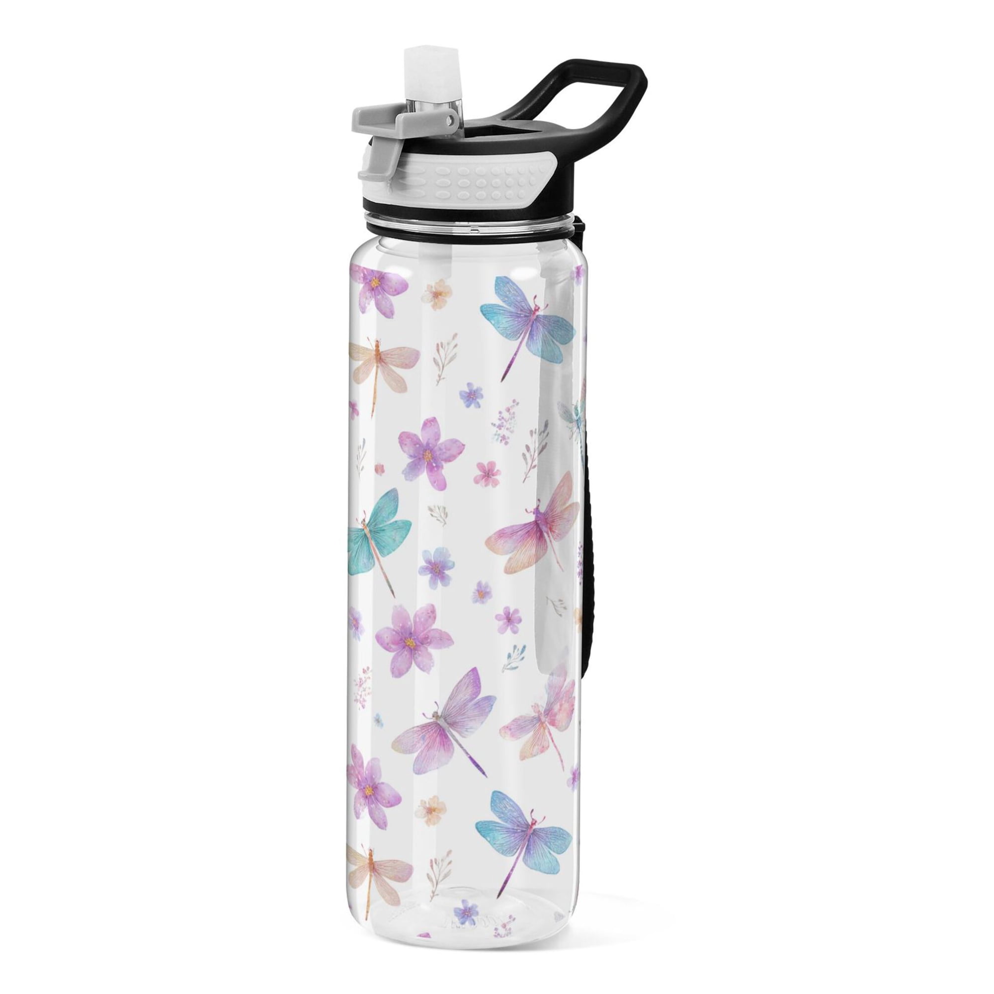 1000ML Transparent Sports Water Bottle with Handle & Straw Portable Water Bottle for Outdoor Camping Gym Butterfly and Dragonfly Pattern
