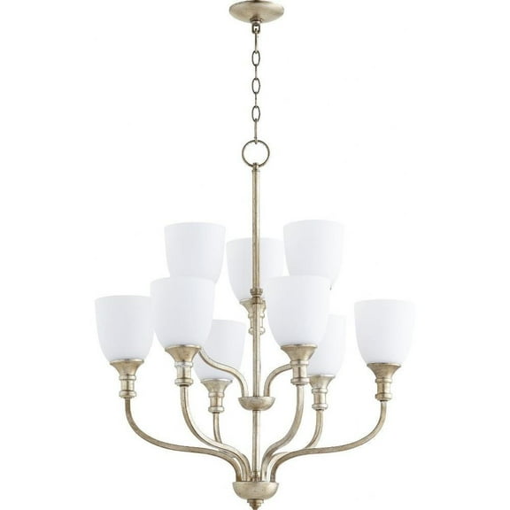 Transitional Nine Light Chandelier-Aged Silver Leaf Finish-Satin Opal Glass Color Bailey Street Home 183-Bel-2535210