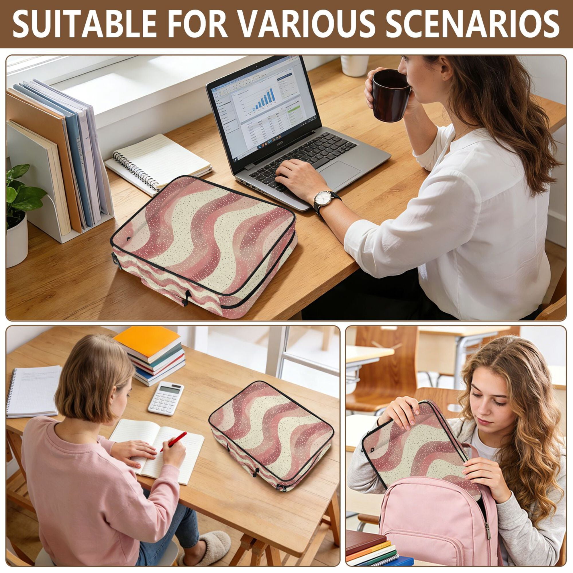 FORMRS Accordion File Folder A4 Size 7-Pocket Expanding Document Organizer Bag with 3 Ring Binder, Soft Pink Pattern