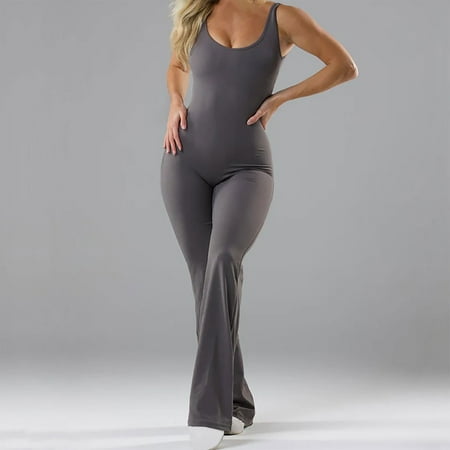 Tank Top Bodysuit for Women Summer Tight Flared Hem Long Pant Body Suit Slimming Pleated Cutout Back Bodycon Shapewear  Gray  XL