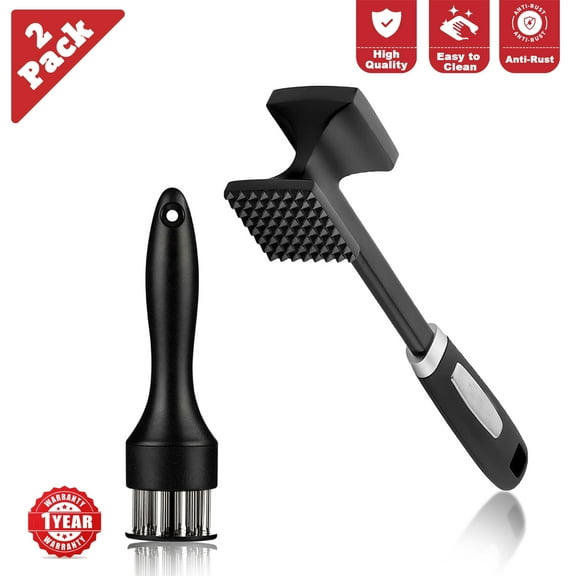 Premium Meat Tenderizer Hammer, Dual Side Meat Mallet and Needle Blade Tenderizer for Chicken, Beef, Steak, Veal, Pork, Stainless Steel (2 Pack)