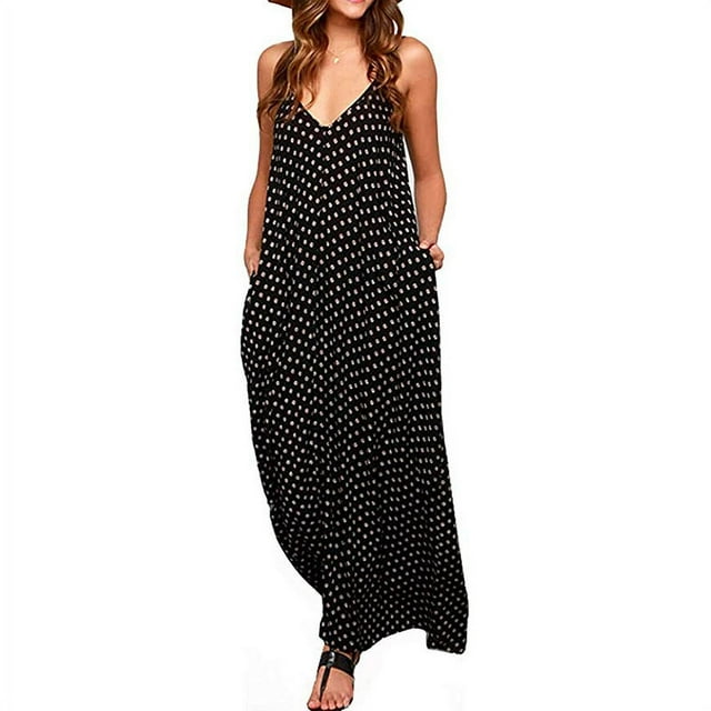 Robes Longues Maxi Bohèmes pour Femmes à Bretelles Spaghetti, à Pois et à Col en V