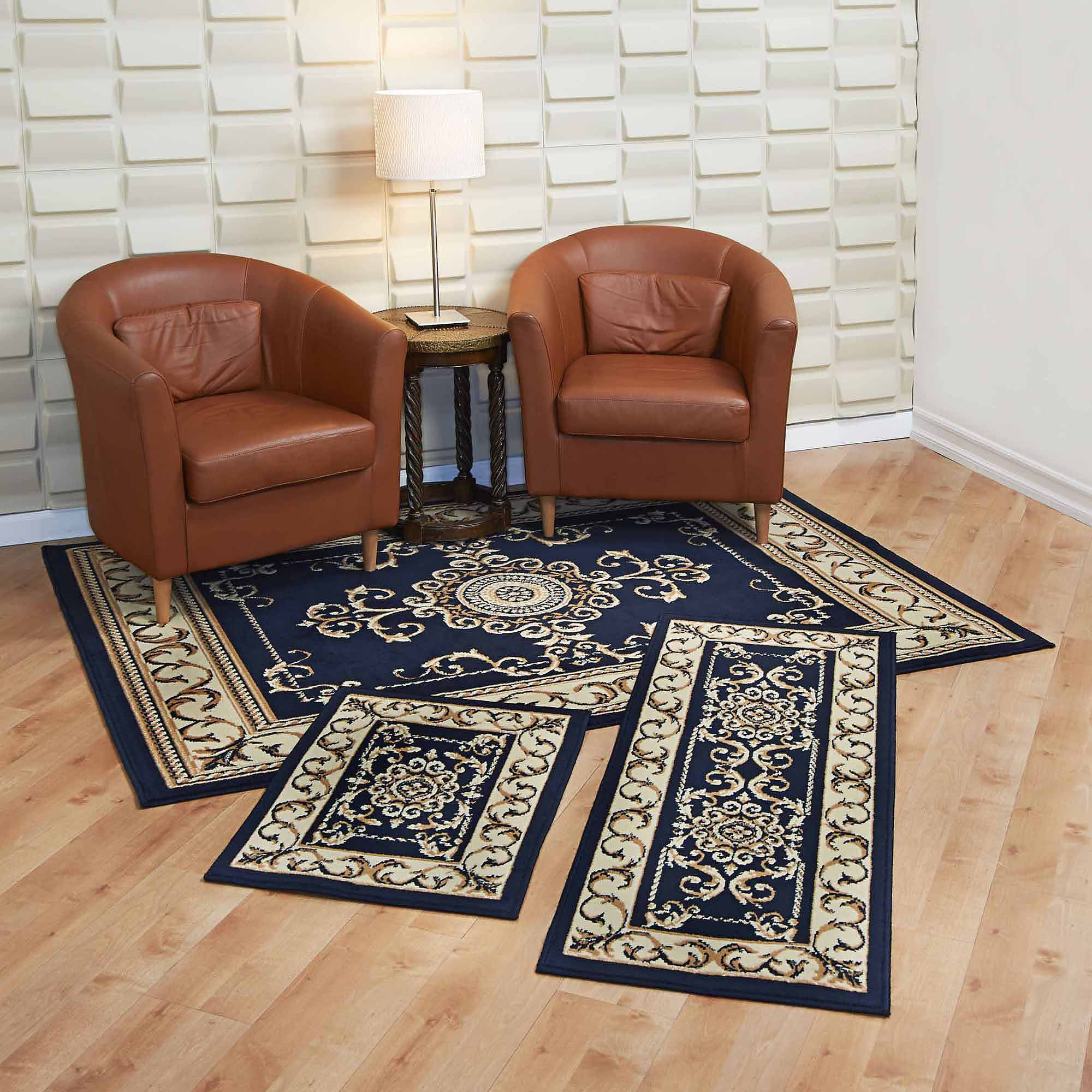 capri 3 piece rug set - royal crown - navy 3 piece capri area rug set  contains, 5'x7' area rug with matching 22"x59" runner and 22"x31" mat