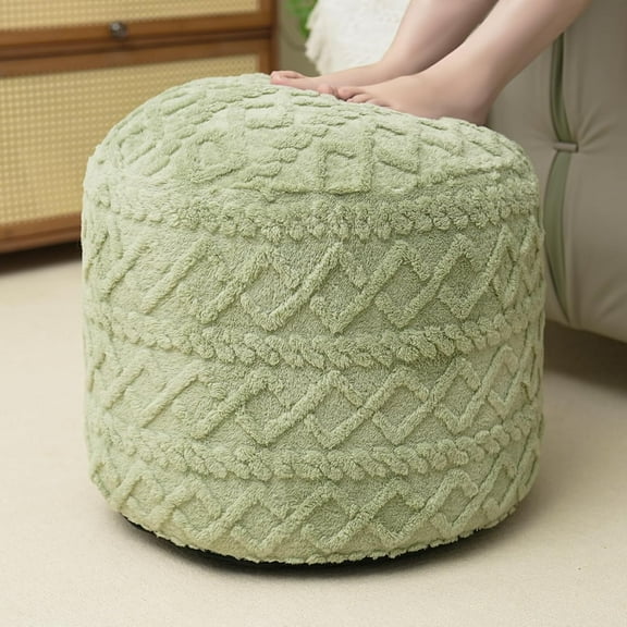 Round Stuffed Pouf Ottoman for Foot Rest, Faux Fur Poufs with Foam Chunk Filling, Storage Ottoman Pouf Foot Stool Cushion, 20 X 15 InchFloor Poufs Foot Rest for Living Room Bedroom Home Decor (Green)