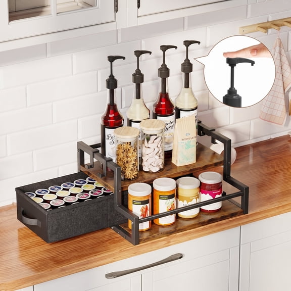 NUBILY Coffee Syrup Organizer Rack, 2-Tier Bottle Coffee Bar Accessories, Holder Stand with K Cup Storage Drawer for Coffee bar, Wine Rack, Storage Shelves for Syrup (Rustic Brown)