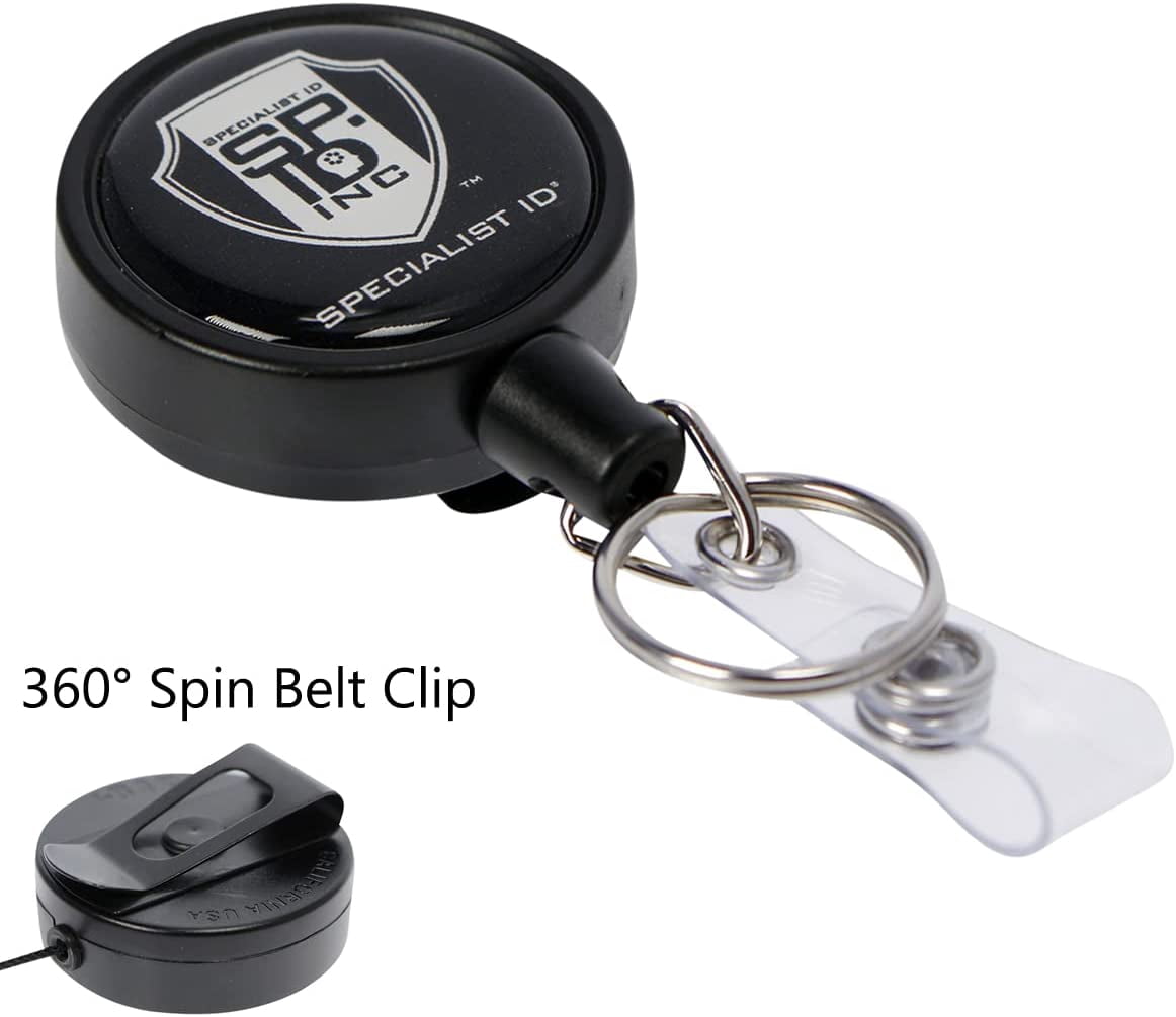 5 Pack - Heavy Duty Retractable I'D Badge Holder Keychain Reel - Strong Polycarbonate Plastic Case w/ Metal Swivel Belt Clip, Key Ring & Vinyl Strap for Multiple Keys & Badges by Specialist ID (Black)