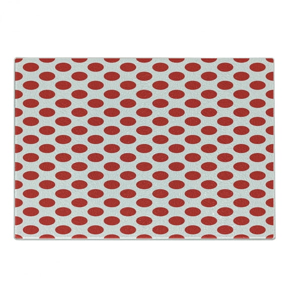 Geometric Cutting Board, 50s 60s Old Pop Art Retro Vintage Polka Dots Rounds Circles Design Art Print, Decorative Tempered Glass Cutting and Serving Board, Small Size, Scarlet White, by Ambesonne
