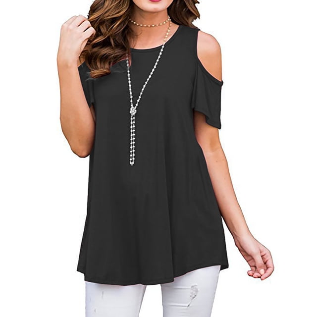 Sentmoon Blouse Femme Coupe Ample Col Rond Manches Courtes Hauts Mignons Épaules Dégagées Basique Grande Taille Hauts d'Été pour Femme 2025 Liquidation Ventes Aujourd'hui Aubaines Prime