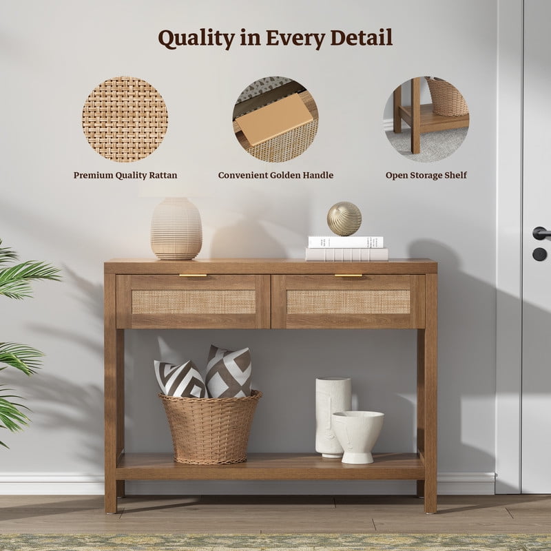 Surmoby Rattan Console Table with 2 Drawers,Boho Wood Entryway Table Hallway Table with Open Storage Shelf,Narrow Sofa Table for Foyer,Living Room and Corridor(Oak,2PCS)