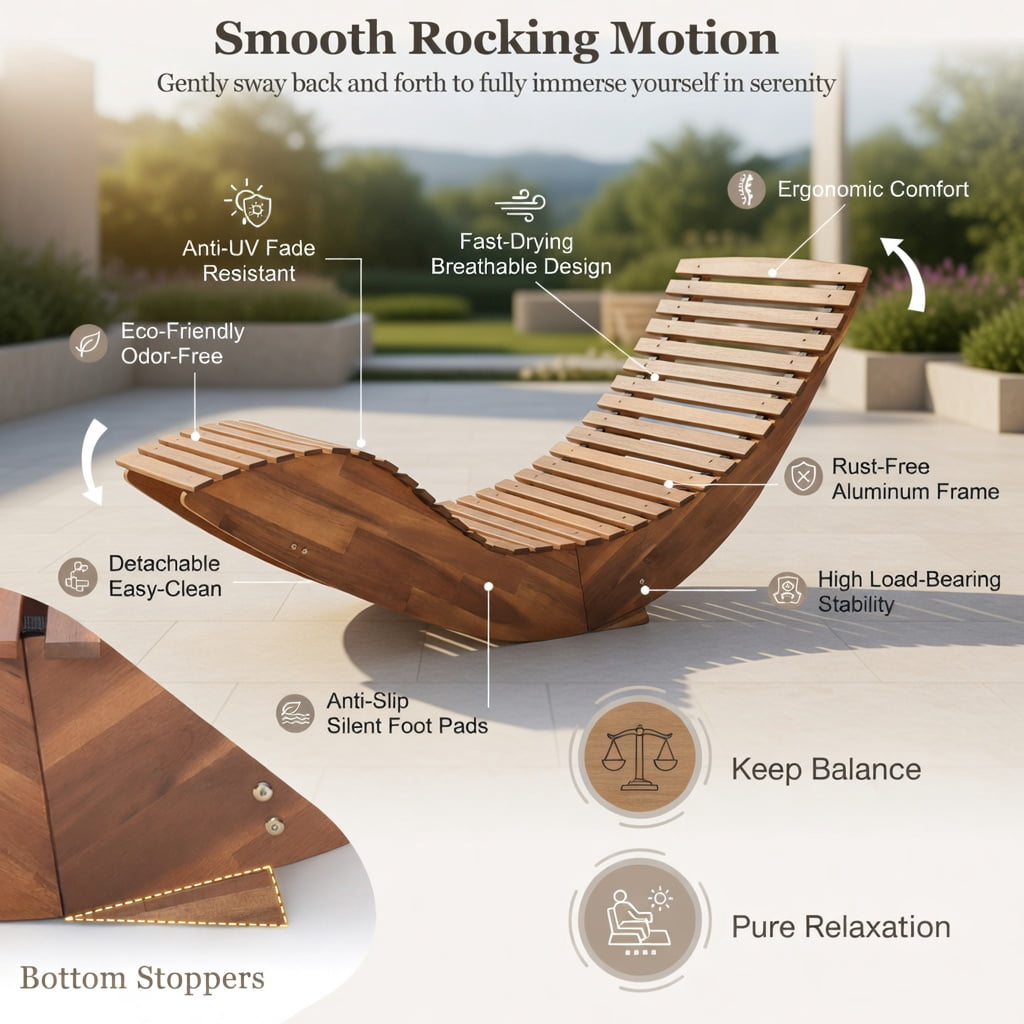 Hommoo Outdoor Acacia Wood Rocking Chair, High-Back, Wide Slatted Seat, Perfect for Patio, Porch & Garden, Natural