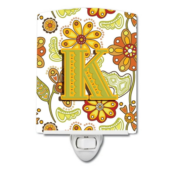 Caroline's Treasures CJ2003-KCNL Letter K Floral Mustard and Green Ceramic Night Light, 6x4x3", multicolor