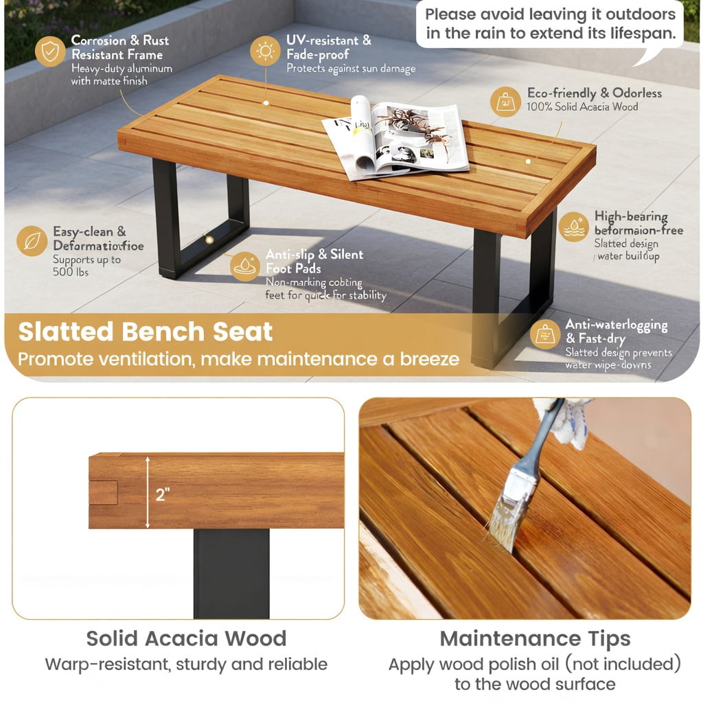 Hommoo 48" Acacia Wood Outdoor Patio Bench, Sturdy Dining Bench for Garden, Deck or Entryway, 2-Person Seating, Heavy-Duty Metal Frame, Natural & Black