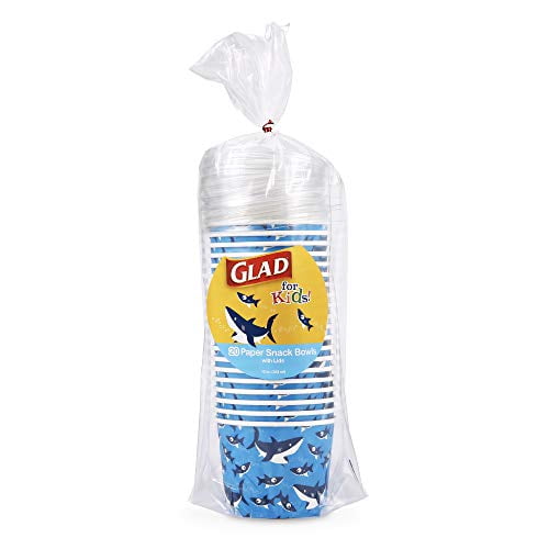 Glad for Kids Shark 12 oz Paper Snack Bowls with Lids, 20 Count | Disposable Snack Cups with Lids | Heavy Duty Disposable Soak Proof Microwavable Paper Bowls for Soup, Ice Cream