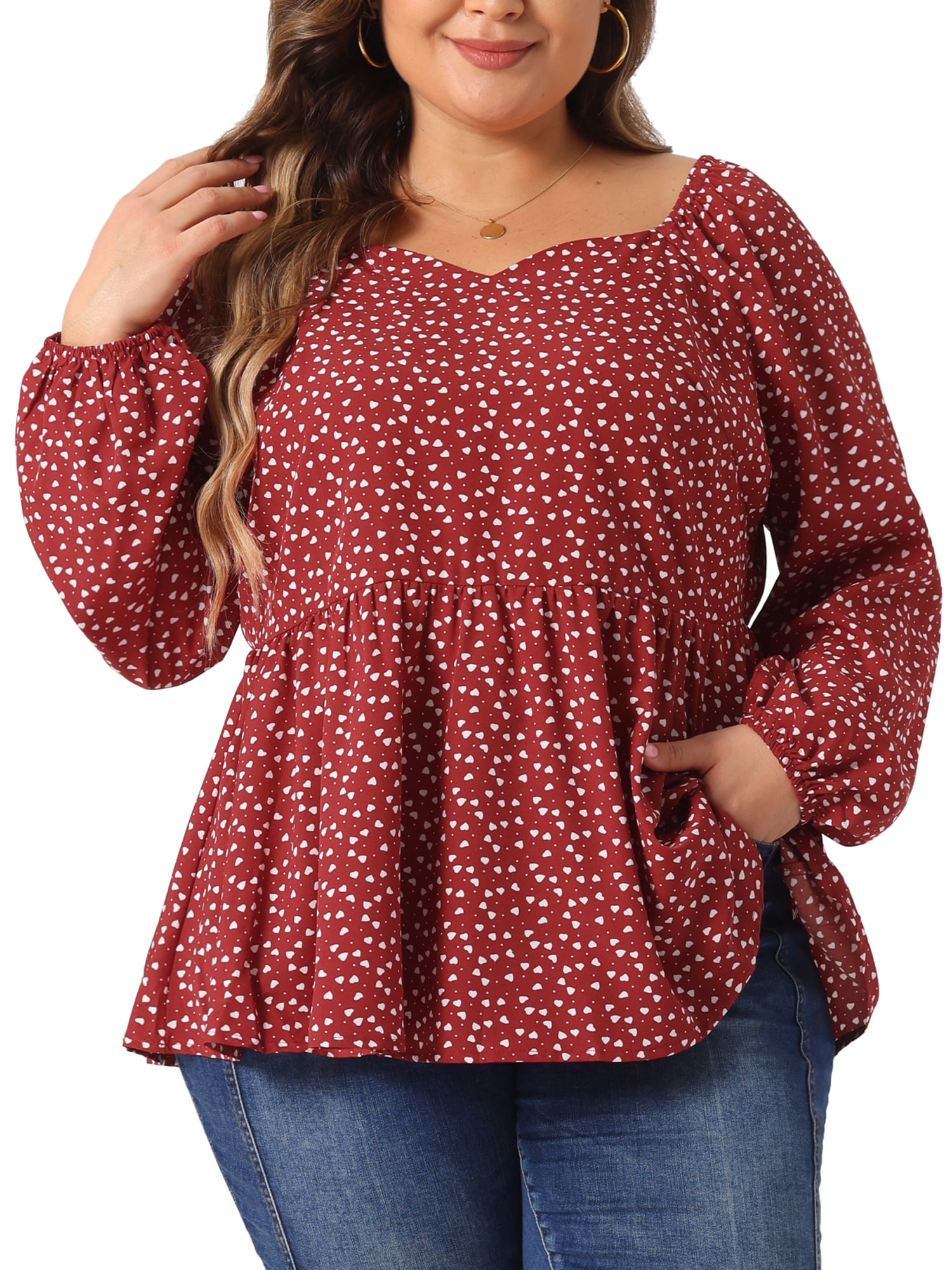 DARING DIVA Women's Plus Sweetheart Neck Long Sleeve Peplum Blouse 3X Burgundy
