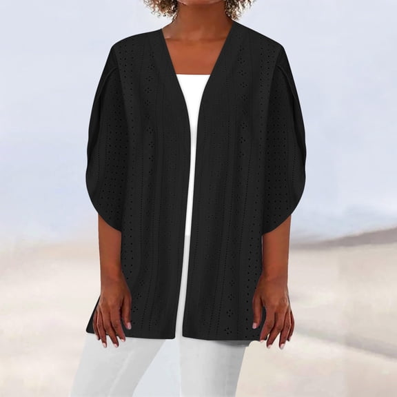 Women's Cardigan Eyelets Hollow Out Breathable 3/4 Sleeve Shrugs Solid Outerwear Beach Stretchy Casual Fall Oversized Trendy Casual Cozy Cute Cardigans