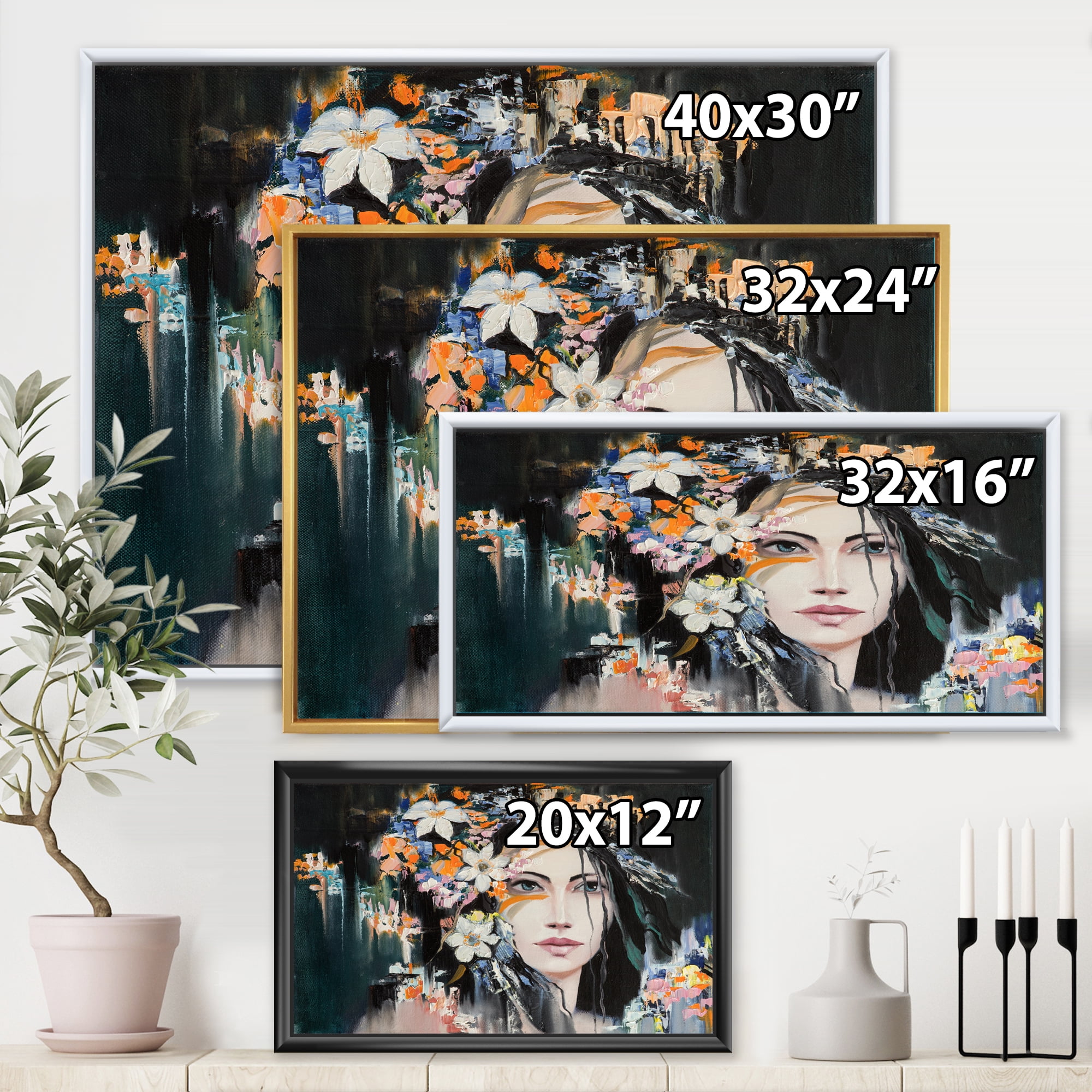 Designart 'Portrait Of A Young Woman With Flowers I' Modern Framed Canvas Wall Art Print