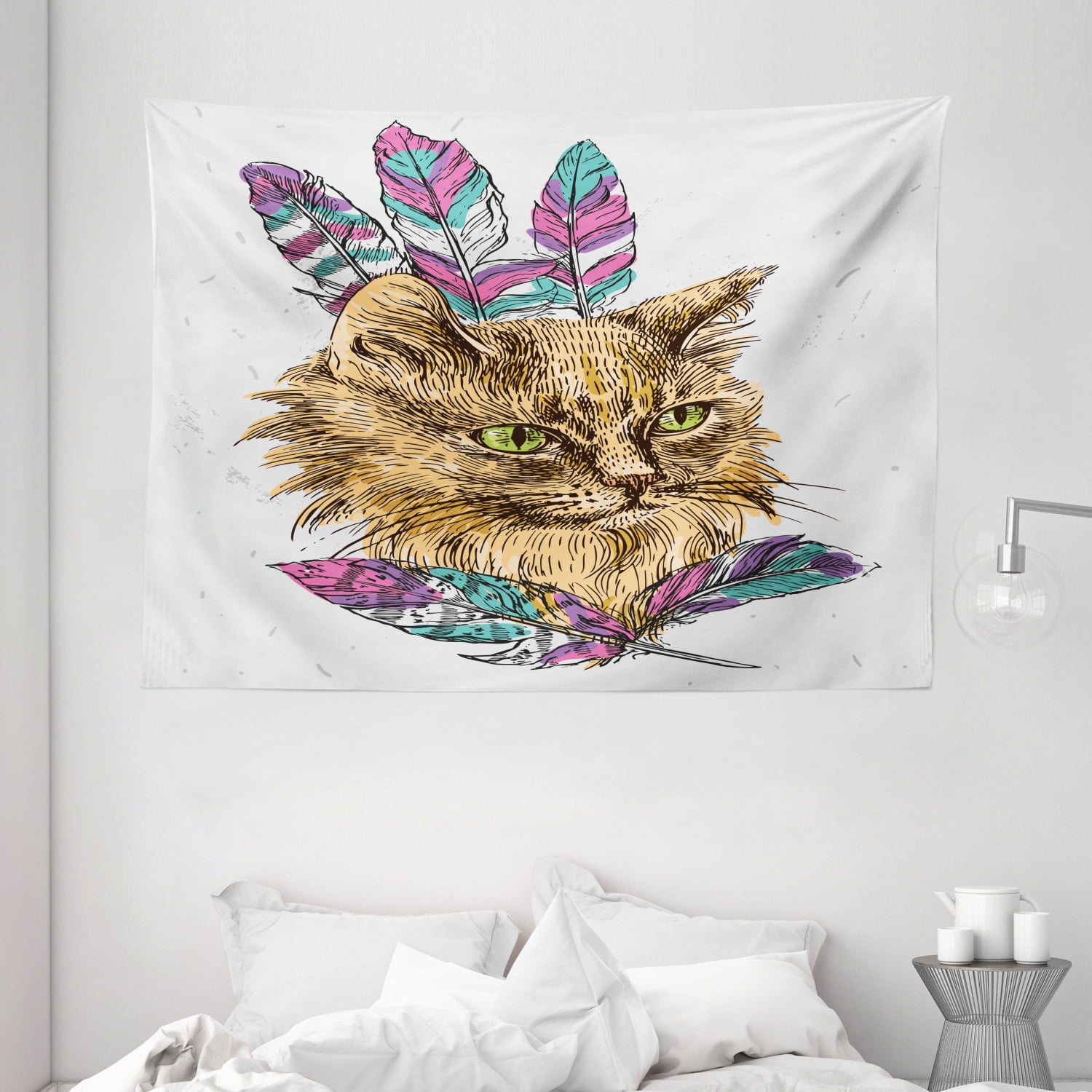 Cat Tapestry, Hand Drawn Boho Style Cat Image Ink Sketch Animal With Colorful Feathers