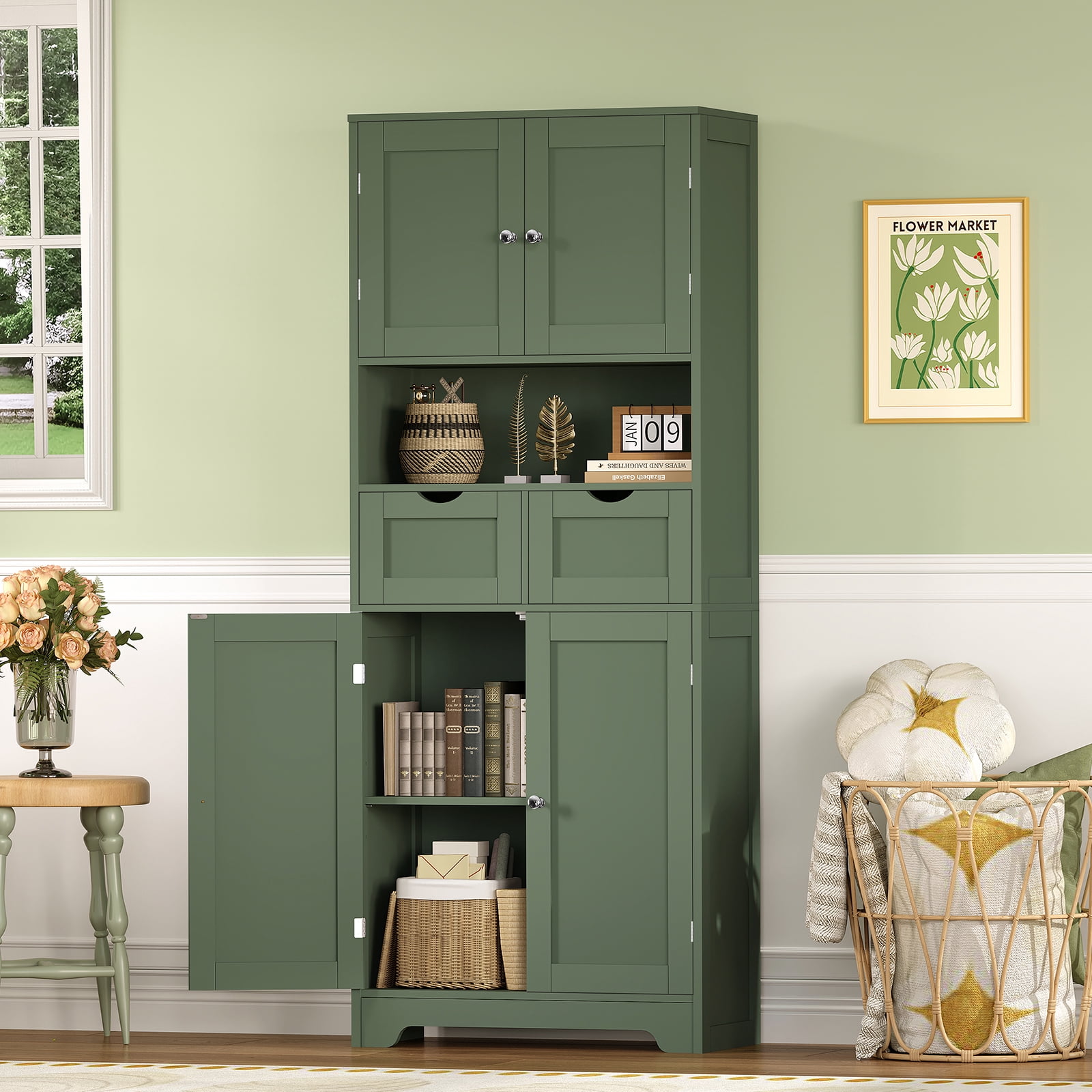 57.8" H Tall Bathroom Storage Cabinet with 2 Drawers & 2 Adjustable Shelves, Floor Cabinet with 4 Doors, Tall Cabinet for Living Room, Dining Room, Entryway, Forest Green