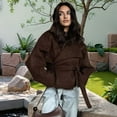 thumbnail image 5 of Female Wool Blend Pea Coat Lapel Double Breasted Winter Loose Short Button Belt Outerwear Jacket Brown S, 5 of 6