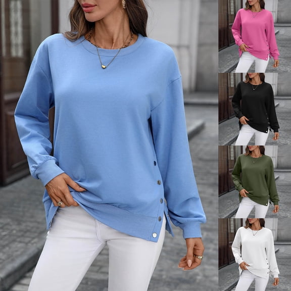 FRSASU Womens Casual Long Sleeve Shirts Tops Solid Color Button Hem Slit Round Neck Pullover Blouses White