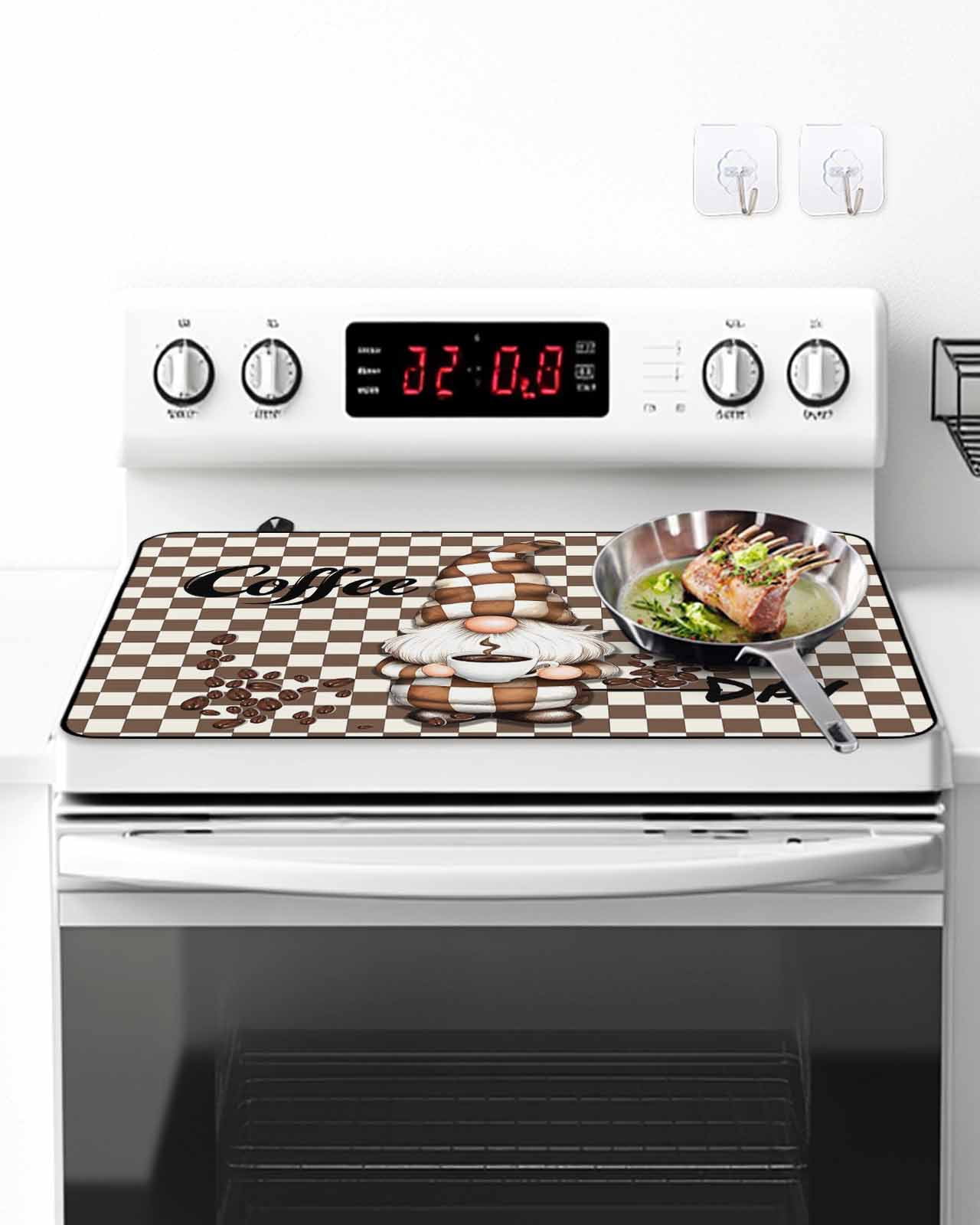 Stove Top Covers for Electric Stove 24x21 Inches, Brown Gnome Heat Insulation Fireproof Glass Cooktop Protector, Coffee Beans Vintage Plaid Abstract Countertop Stovetop Cover for Kitchen
