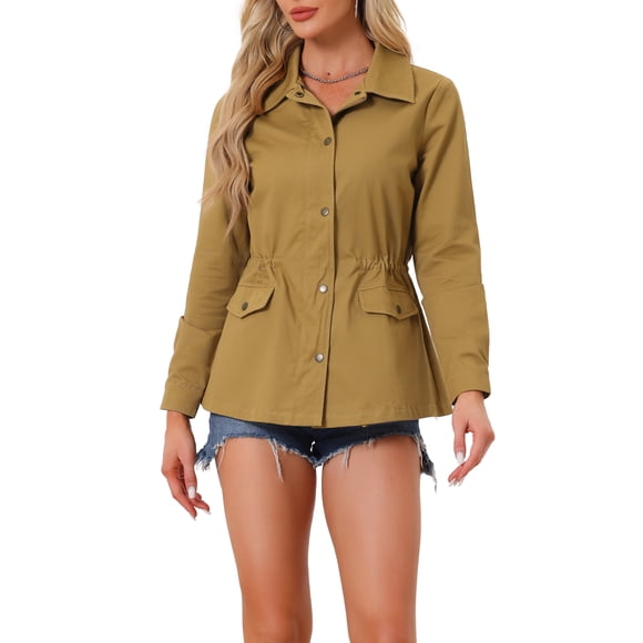 INSPIRE CHIC Women's Utility Jackets Drawstring Waist Flap Pocket Zip Button Jackets M Dark Khaki