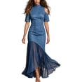 thumbnail image 2 of Ayolanni Elegant Spring Dresses for Women Crew Neck Short Sleeve Solid Maxi Cocktail Dress Party Wedding Guest Tulle French Bodycon Sundress with Flared Hem Blue XL, 2 of 8