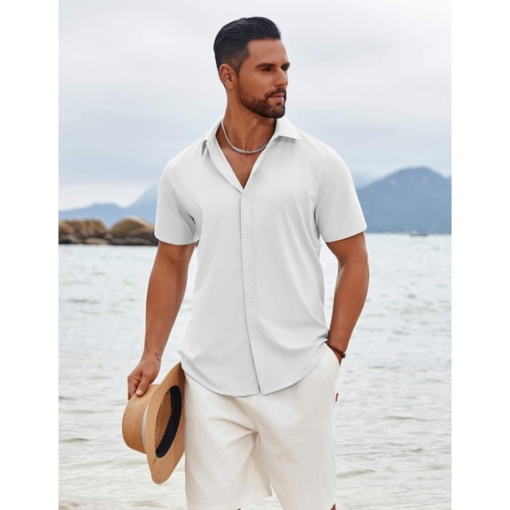 COOFANDY Sage Green Button Up Shirt Short Sleeve Cruise Beach Summer Party off White S