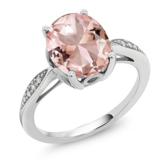 Gem Stone King 2.36 Ct Oval Peach Nano Morganite White Diamond 14K White Gold Ring