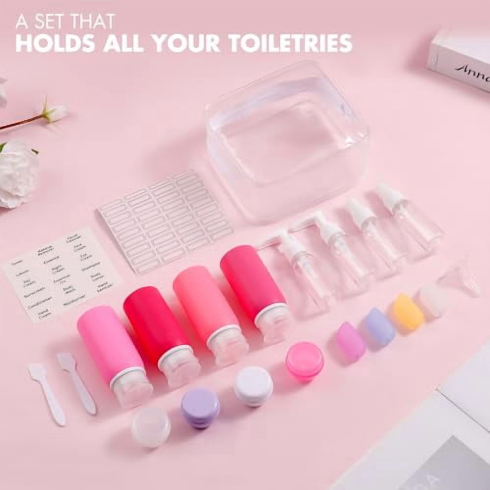 21 Pack Travel Bottles for Toiletries, Leak-Proof TSA Compliant Silicone Travel Size Containers for Shampoo and Conditioner, BPA Free with Toiletry Bag (Pink)