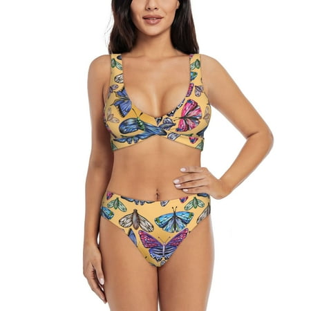 Zeuib Butterfly 3 High Waisted Tummy Control Bikini Set - Knot Front Push Up Top & Cheeky Thong Bottom  Two-Piece Swimsuit for Women-Large