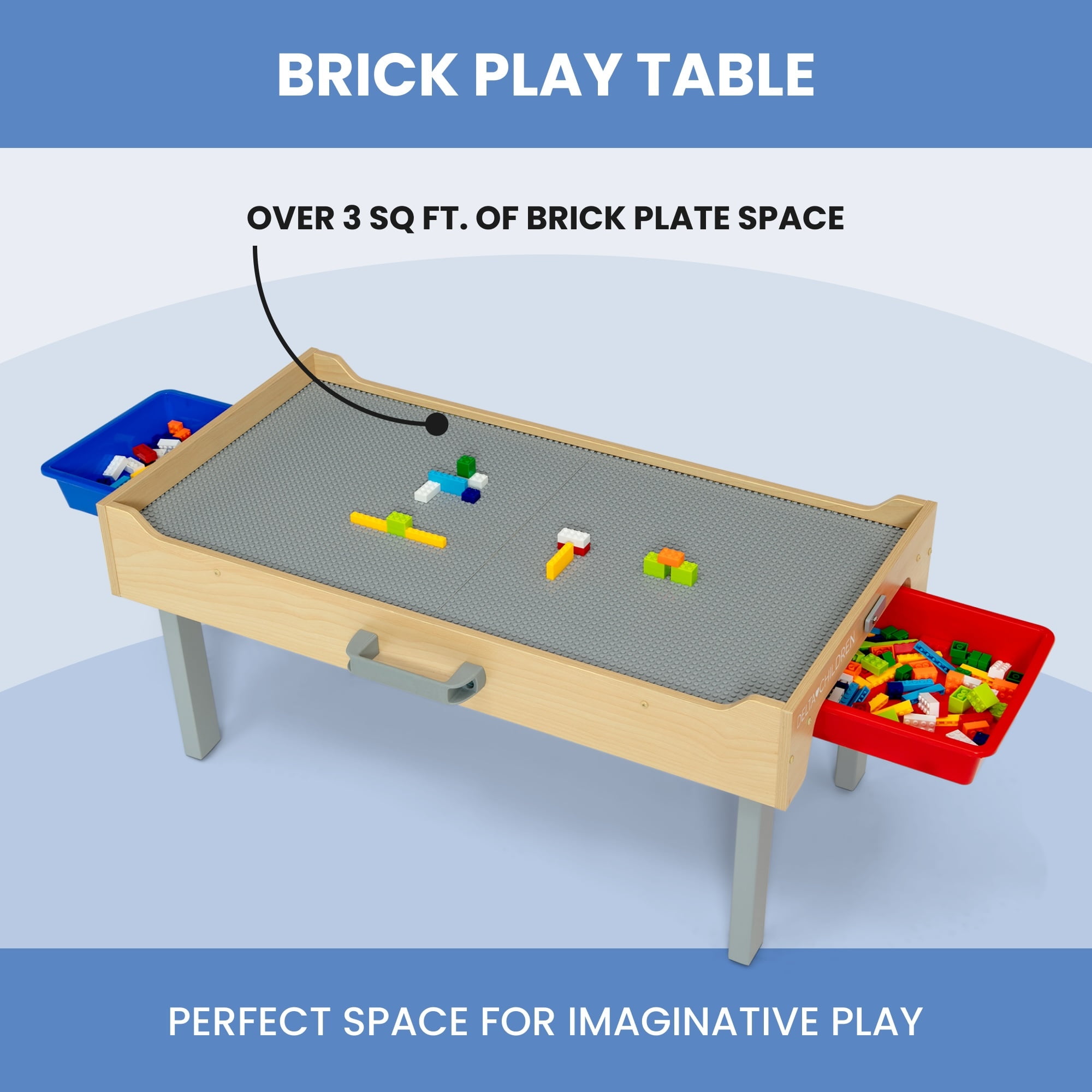 Delta Children Wooden Play N Store Building Bricks Play Table with 100+ Play Bricks Included - Large Brick Plate Compatible with LEGO, MegaBlocks & More - Legs Fold for Easy Under Bed Storage, Grey