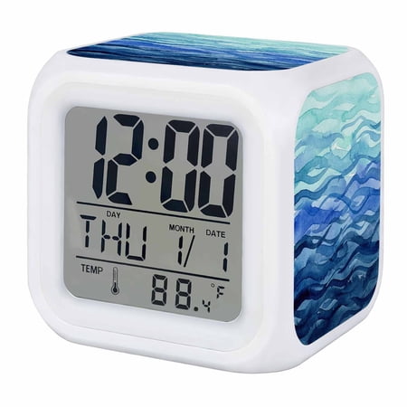 Alarm Clocks Blue Horizon Clouds Digital Clock 7 Color LED Night Light Silent Non-Ticking Battery Operated Artistic Glow Waves Cube Clocks for Bedroom Bedside Living Room Office School Decor