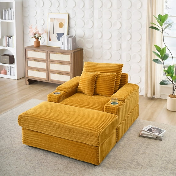 Chaise Lounge Chair,Corduroy Upholstered Sofa Bed with 3 Throw Pillows,Sleeper Reading Chair for Living Room,Bedroom,Orange