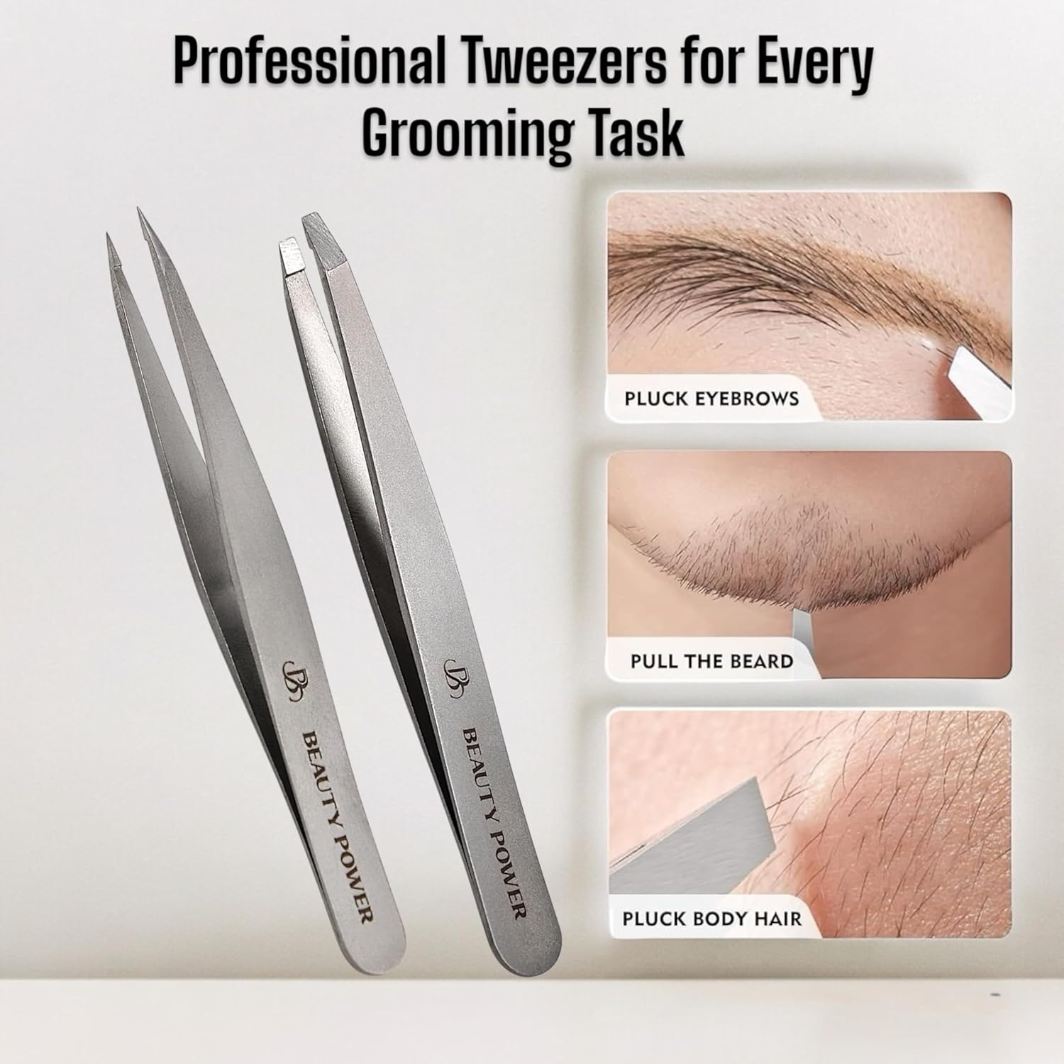 Beauty Power Professional Tweezers Set – Slant & Point, Ultra Precision German Stainless Steel Tweezers for Eyebrows, Chin, Ingrown Hair & Facial Grooming – Lightweight + Travel Case - Gift Idea