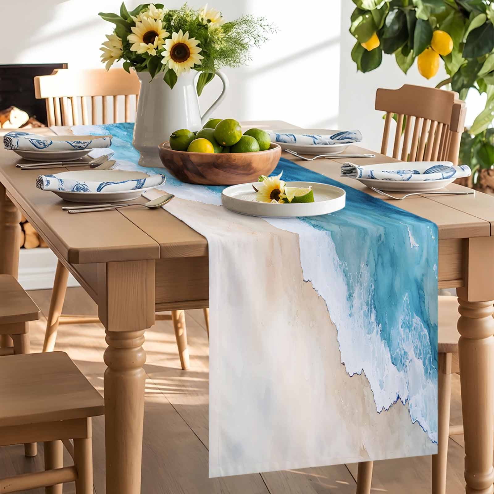 Blue Waves Summer Beach Table Runner 90 Inches Long, Gradient Water Ripples Table Runners Tabletop Scarf Kitchen Dining Tables Decoration for Home Party Indoor Outdoor