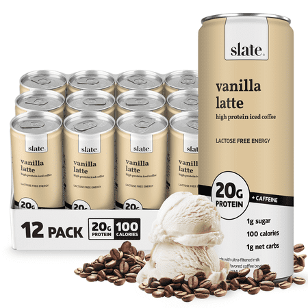 Slate Milk - High Protein Iced Coffee - Vanilla Latte - 20g Protein, 1g Sugar, 100 Calories - 11 fl oz, 12 Cans