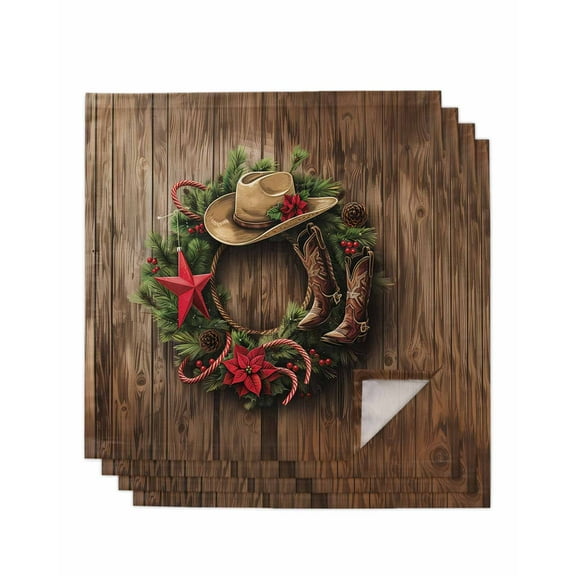 Western Christmas Cloth Napkins Set of 4, Vintage Xmas Botanical Wreath Washable Reusable Dinner Cocktail Napkin for Kitchen Party Wedding Banquet Holiday Baby Shower Table Decor